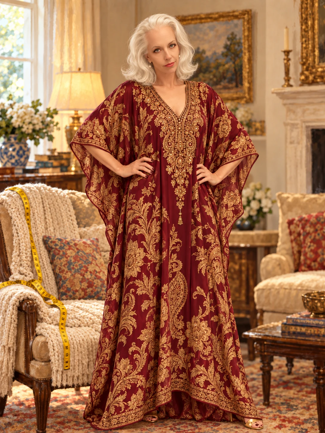 Pinkerton in a burgundy-and-gold caftan, hands on hips, looking distinctly unimpressed