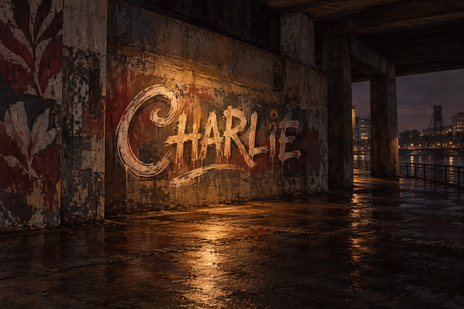 The name Charlie painted in illuminated graffiti on a wall beneath a dark urban bridge