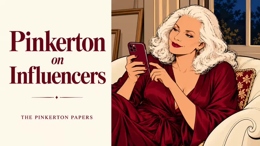 Pinkerton reclining on an ivory chaise in her atelier, wearing a burgundy silk robe and scrolling her phone