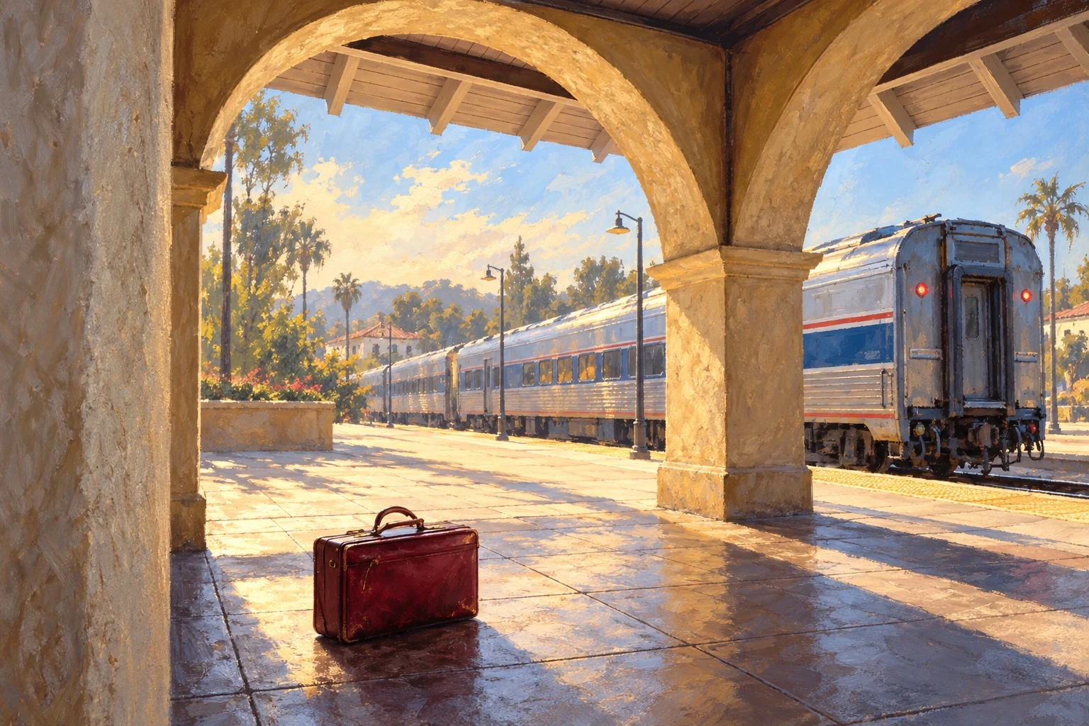 A merlot Hartmann suitcase waiting beneath the arches of a sunlit railway station beside the Coast Starlight