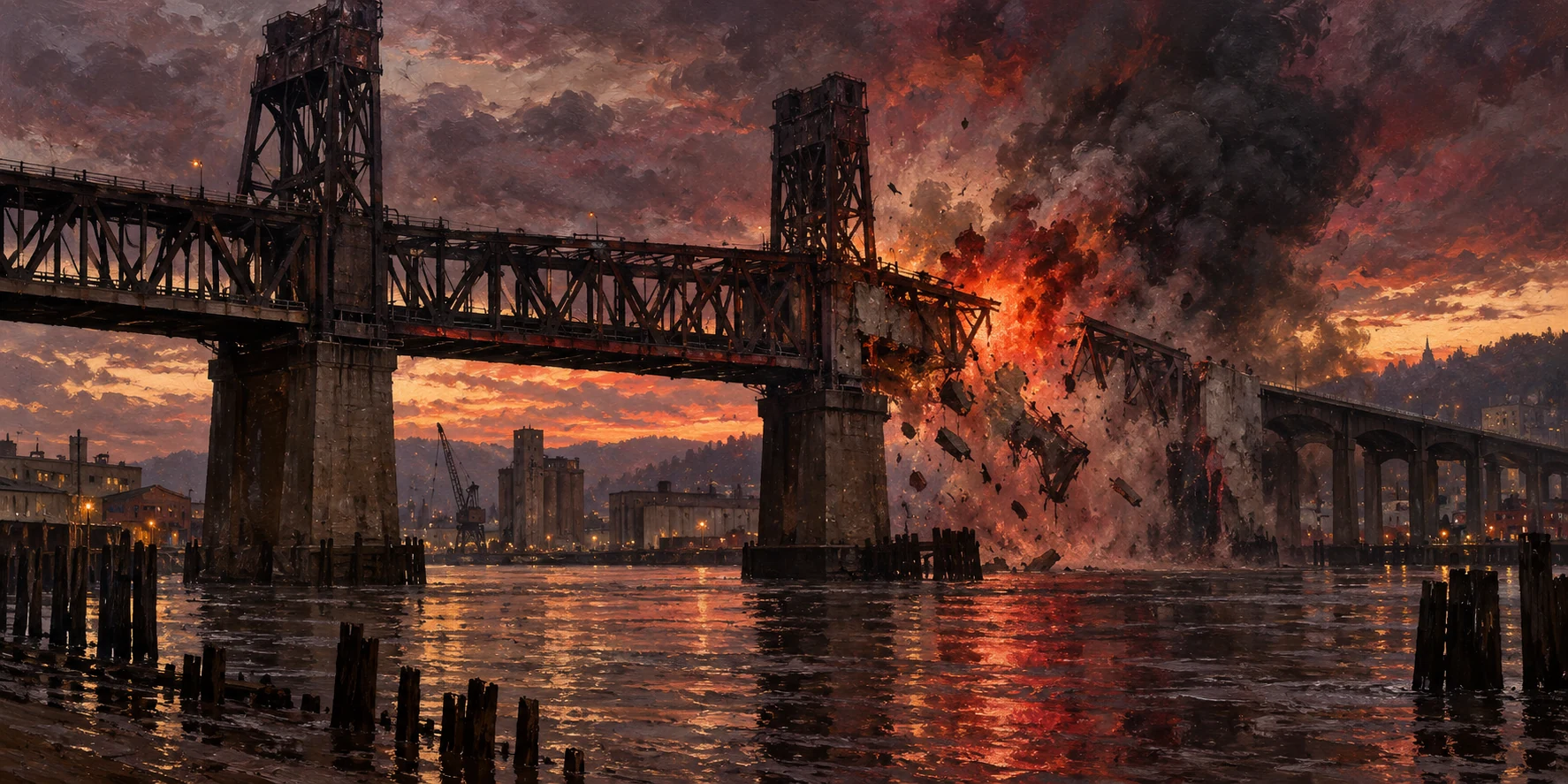 A painterly Portland industrial bridge rupturing in a crimson explosion above dark water
