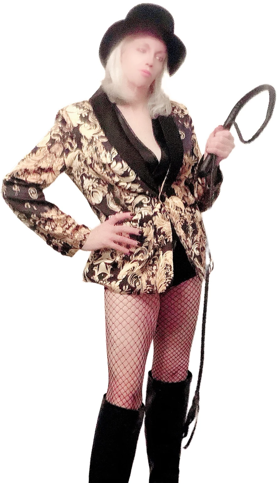 Pinkerton dressed theatrically as a lion tamer, holding a whip
