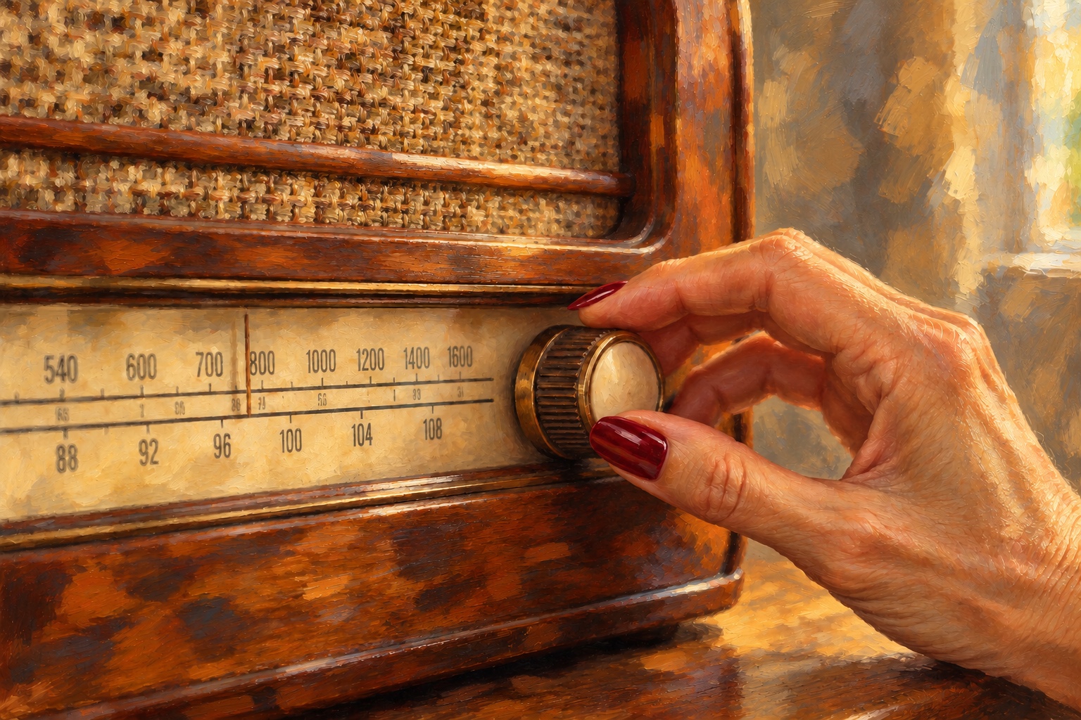 Pinkerton’s hand, with burgundy manicure, resting on the tuning knob of an old-fashioned radio, in a warm painterly illustration.
