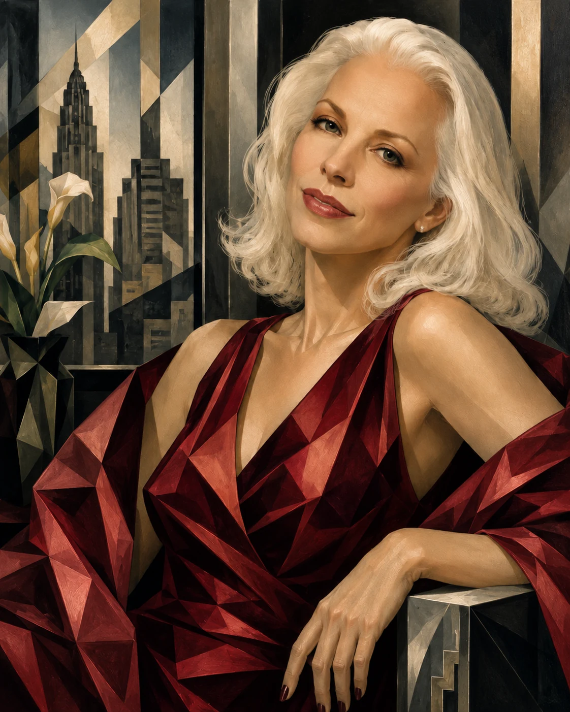 An Art Deco portrait of Pinkerton in a faceted merlot and crimson-oxide dress