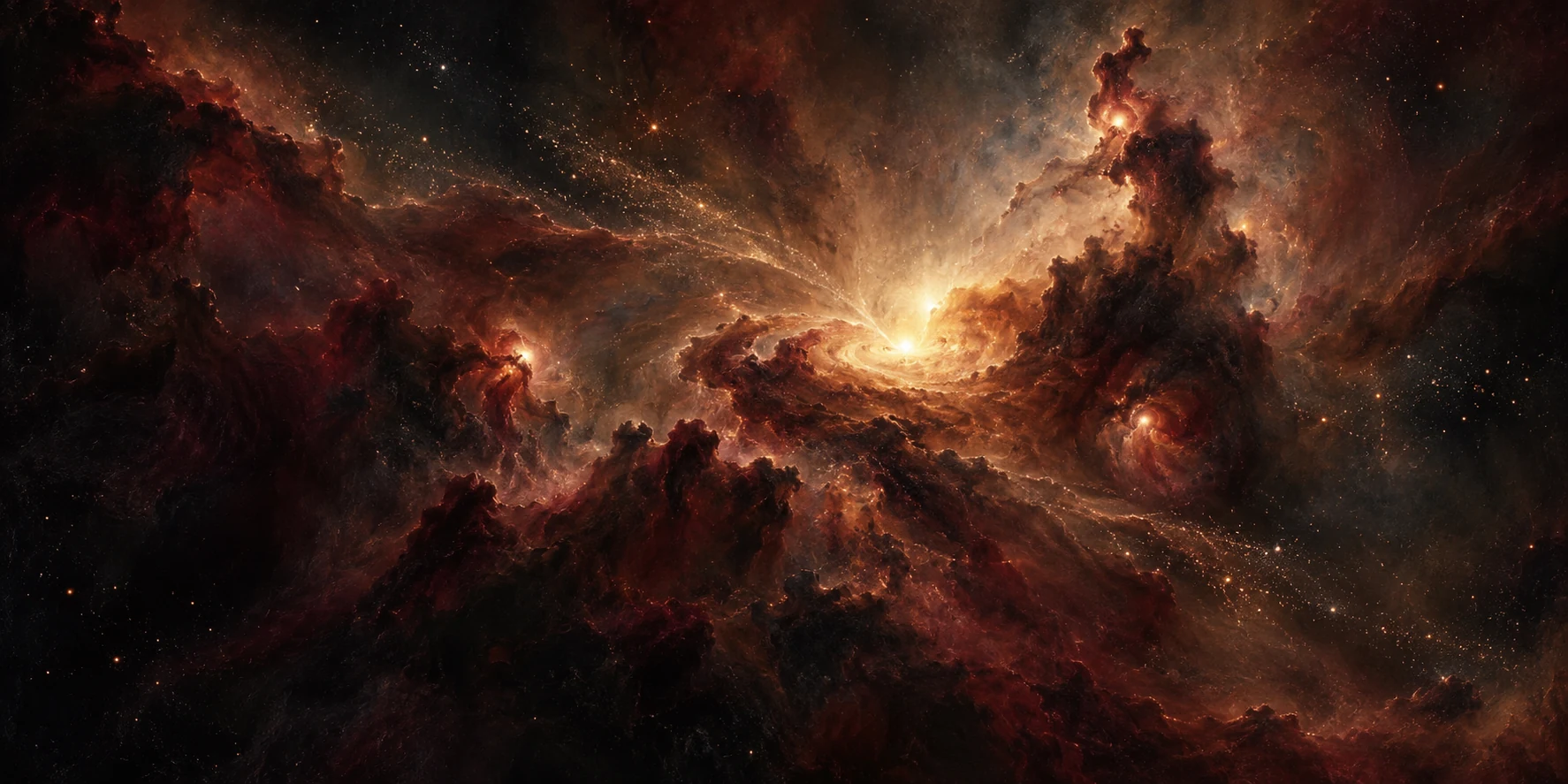 A painterly stellar nursery glowing in crimson, merlot and ember gold as newborn stars emerge from clouds of matter
