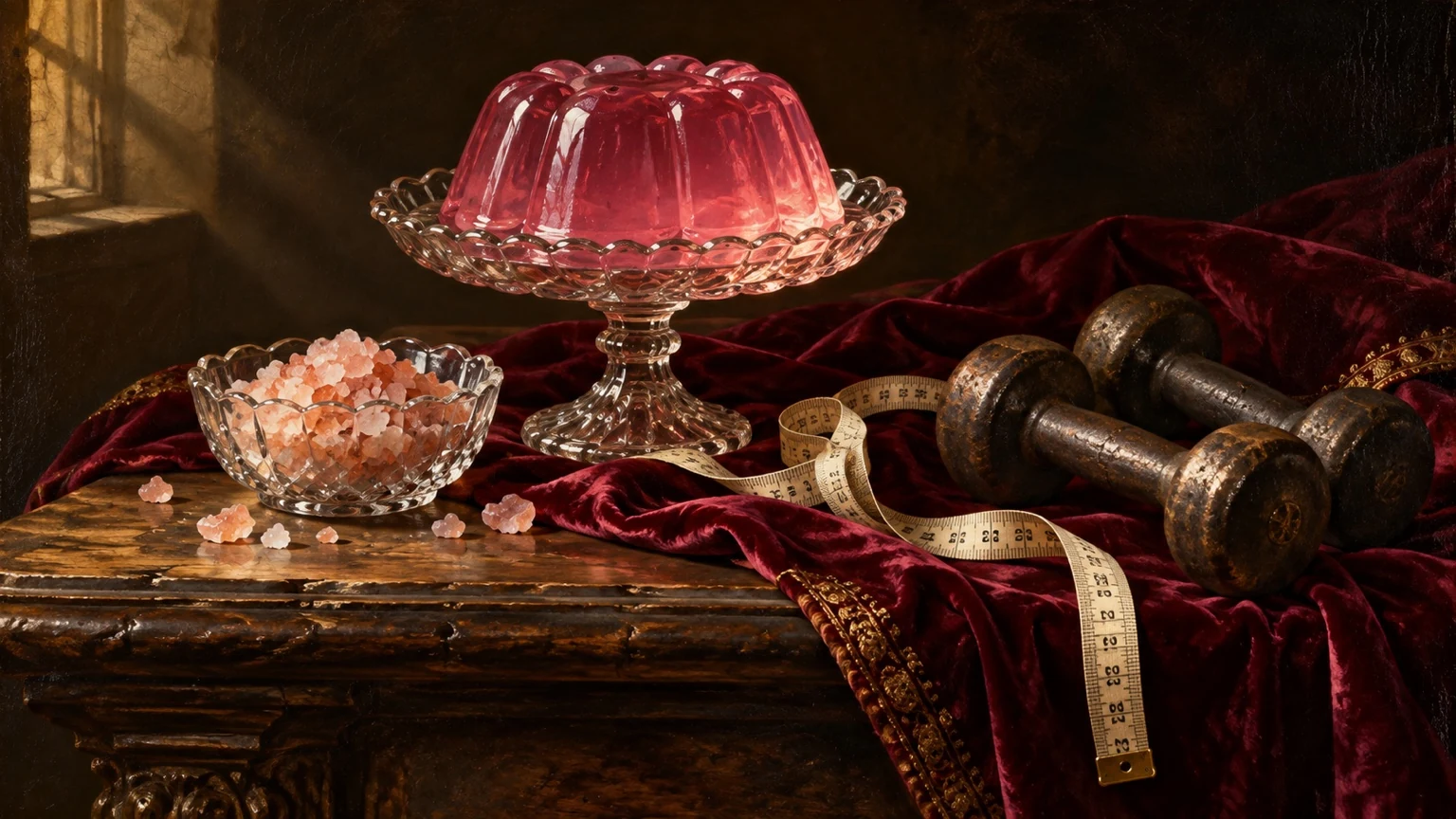 Dutch master wellness still life with pink Jell-O, pink salt, dumbbells, and a measuring tape on burgundy velvet