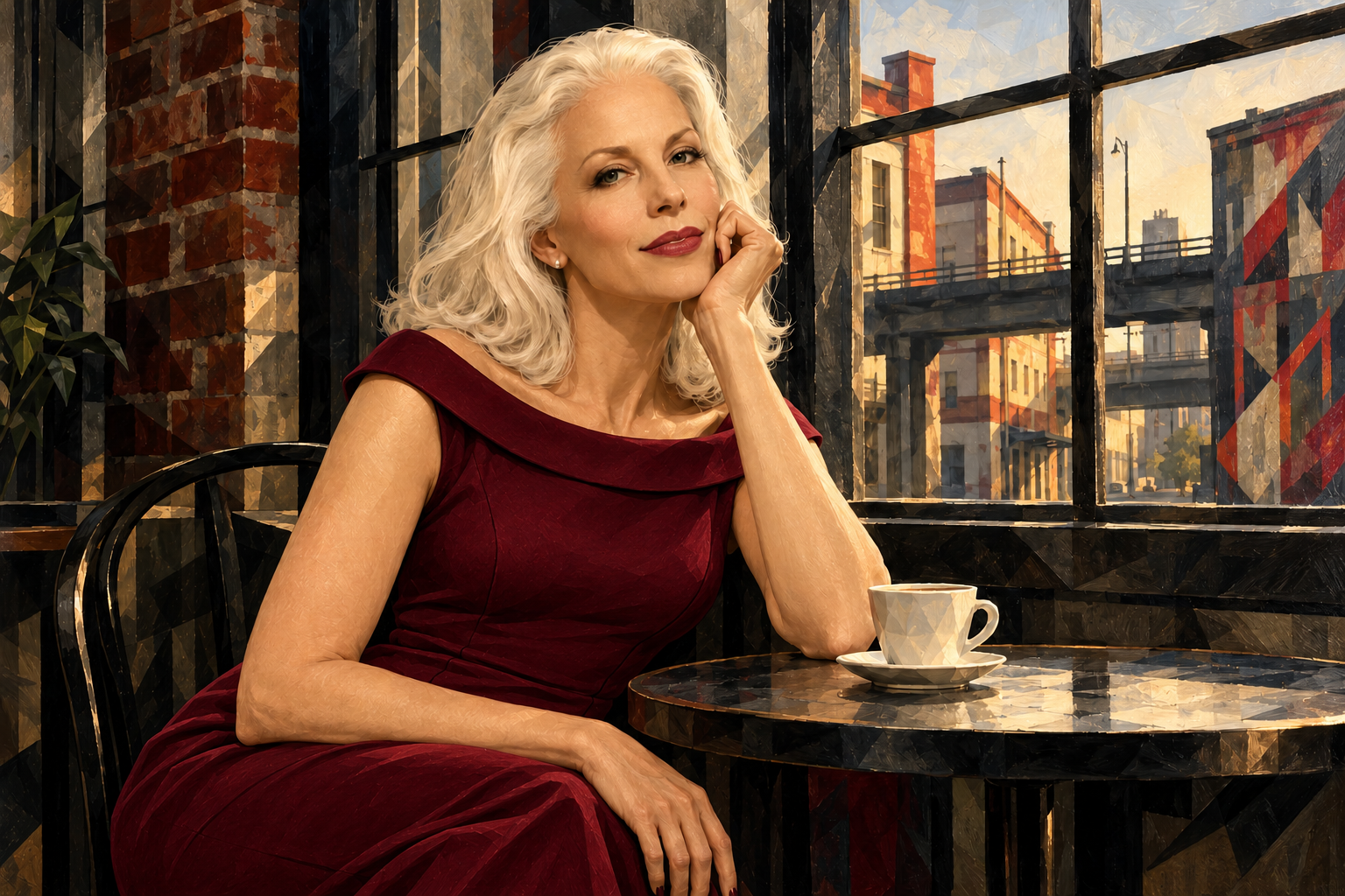 Pinkerton in a folded-neckline merlot dress at a café overlooking industrial Portland