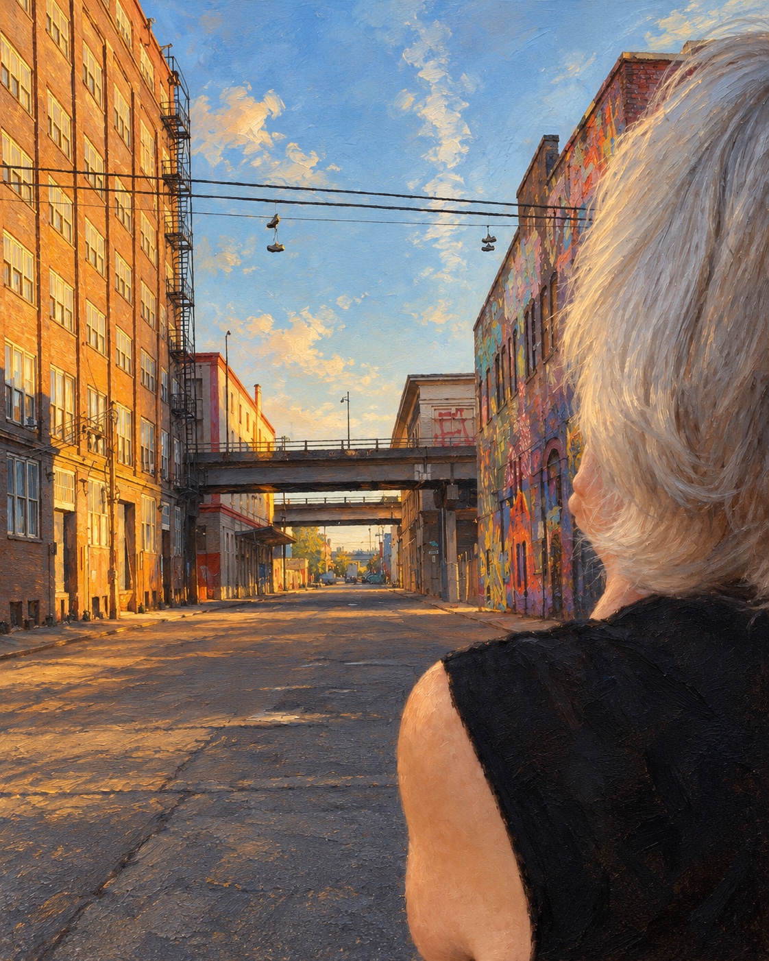 Painterly view over Pinkerton’s shoulder down SE Second Avenue, with sunlit brick buildings, graffiti and successive bridges.