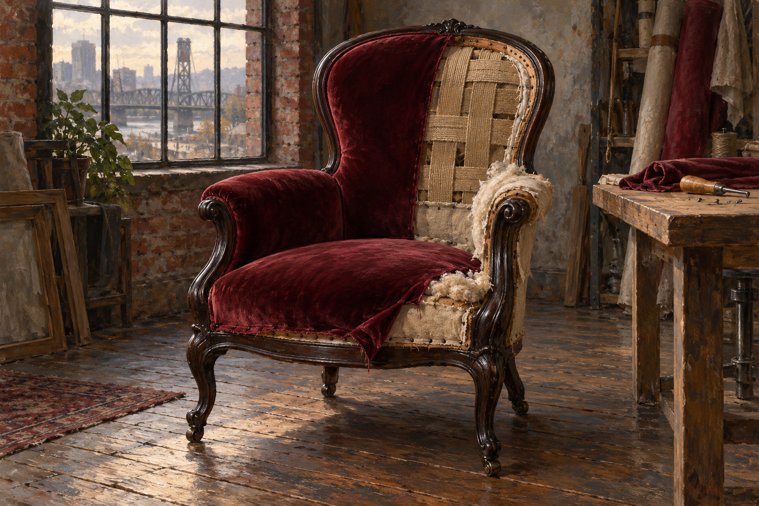 A merlot armchair half upholstered in a sunlit Portland workshop