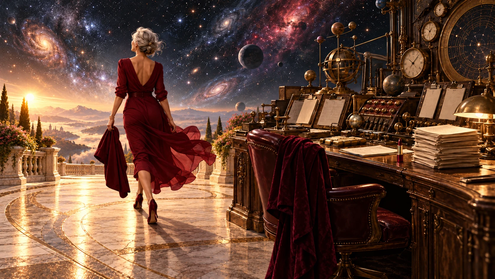 A silver-haired woman in a merlot dress walks away from an elaborate celestial management desk